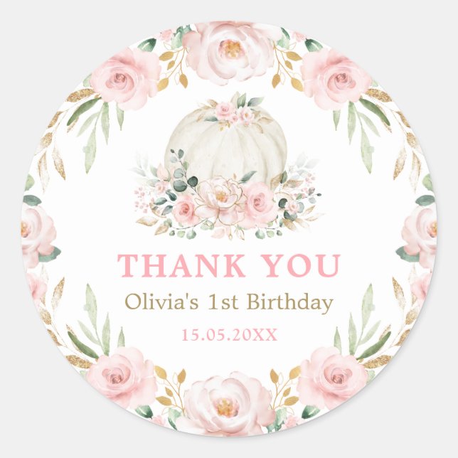 Blush Pink Gold Floral Pumpkin Baby Girl Birthday Classic Round Sticker (Front)