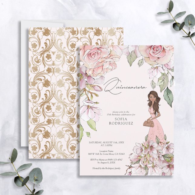 Blush Pink Gold Floral Quinceañera 15th Birthday Invitation (Creator Uploaded)