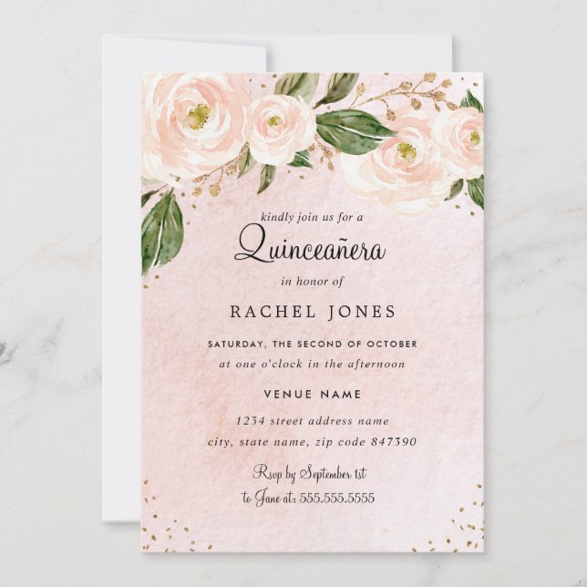 Blush Pink Gold Floral Quinceanera Birthday Invitation (Front)