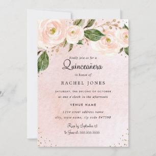 Blush Pink Gold Floral Quinceanera Birthday Invitation