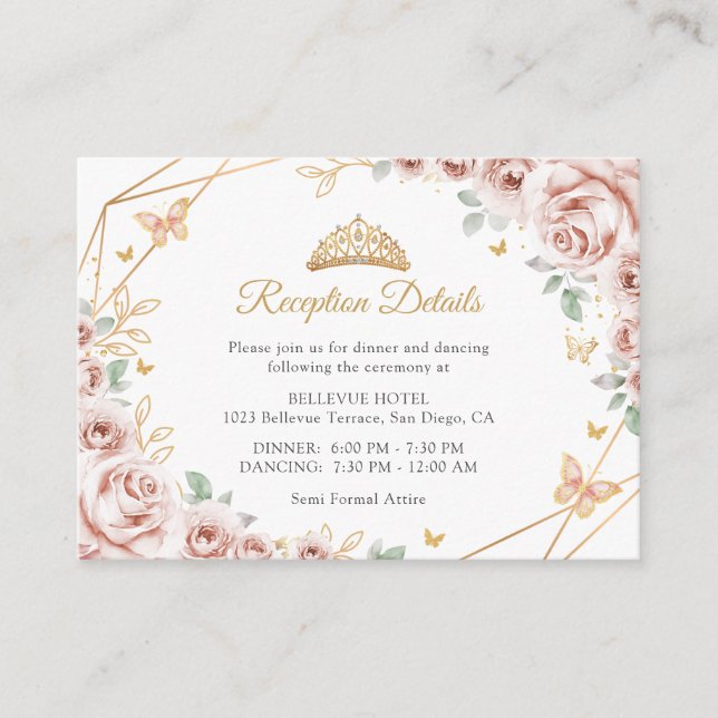Blush Pink Gold Floral Quinceanera  Details Enclosure Card (Front)