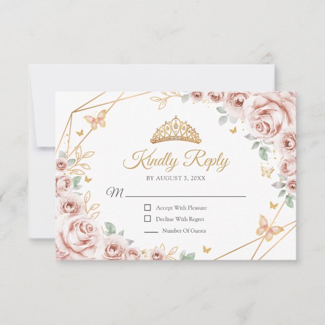 Blush Pink Gold Floral Quinceanera Reply RSVP Card (Front)