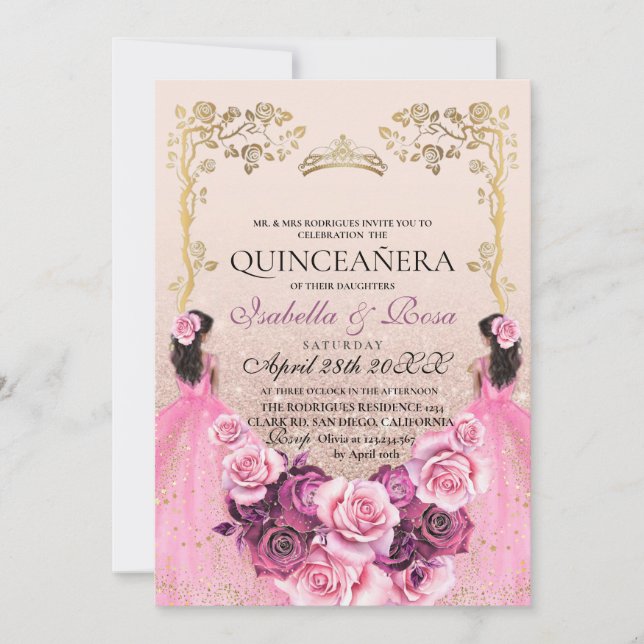 Blush Pink Gold Floral Quinceañera Twins Invitation (Front)