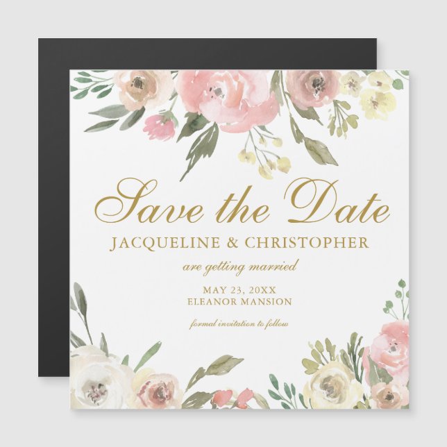 Blush Pink Gold Floral Save the Date Magnetic Card (Front/Back)