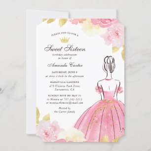 Blush Pink Gold Floral Sweet Sixteen Invitation