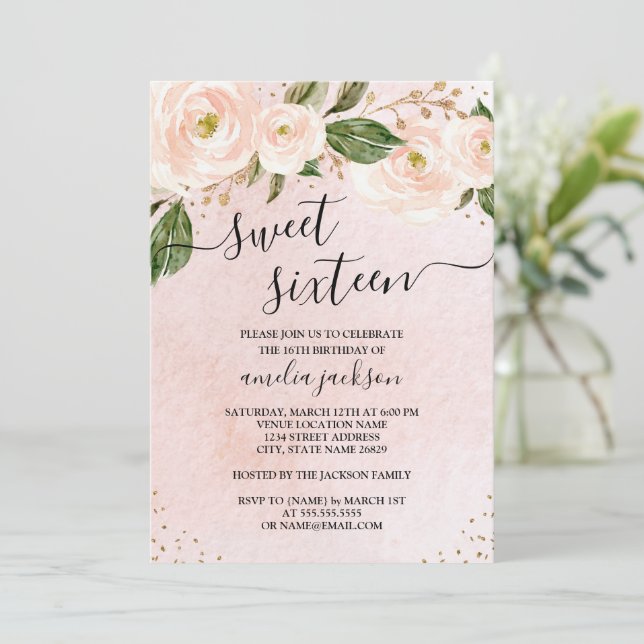 Blush Pink Gold Floral Sweet Sixteen  Invitation (Standing Front)