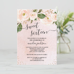 Blush Pink Gold Floral Sweet Sixteen  Invitation
