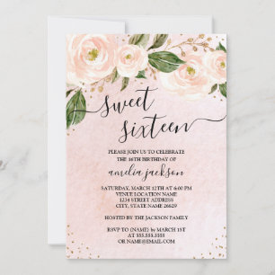 Blush Pink Gold Floral Sweet Sixteen  Invitation