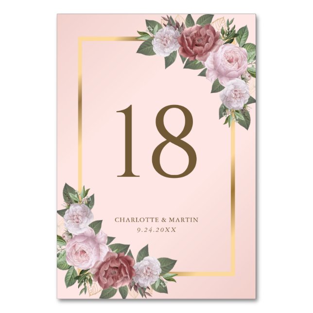 Blush Pink Gold Floral Table Number Card (Front)