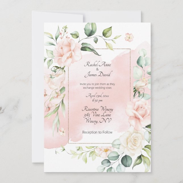 Blush Pink Gold Floral Watercolor Roses Wedding Invitation (Front)
