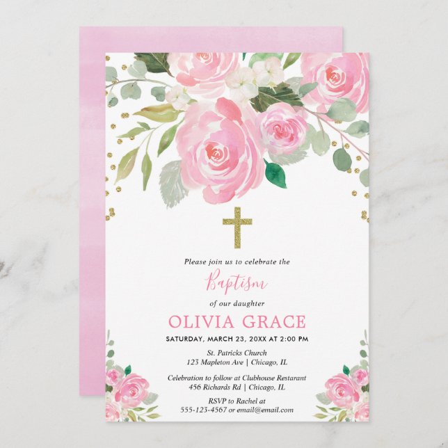Blush pink gold floral watercolors baptism girl invitation (Front/Back)