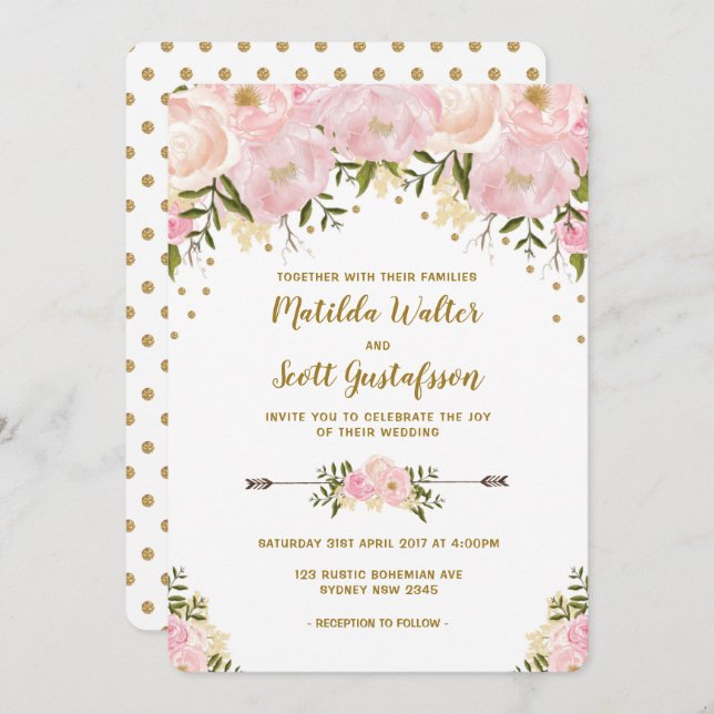 Blush Pink & Gold Floral Wedding Invitation (Front/Back)