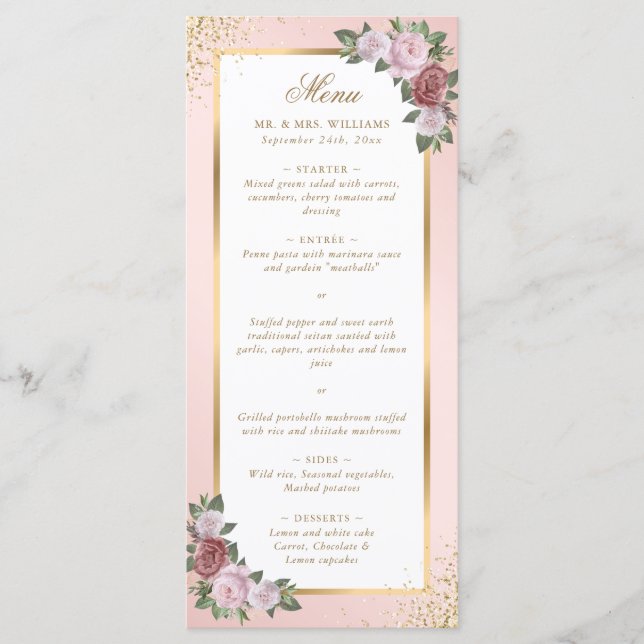 Blush Pink Gold Floral Wedding Menu (Front)