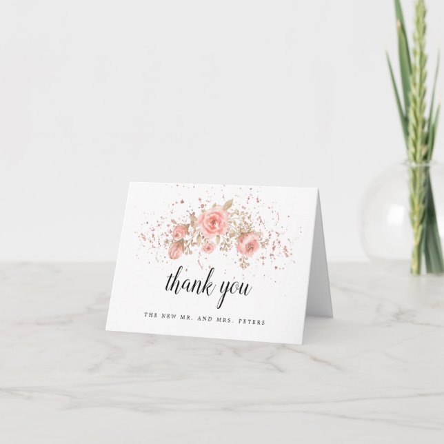 Blush Pink Gold Floral Wedding Photo Thank You Card (Front)