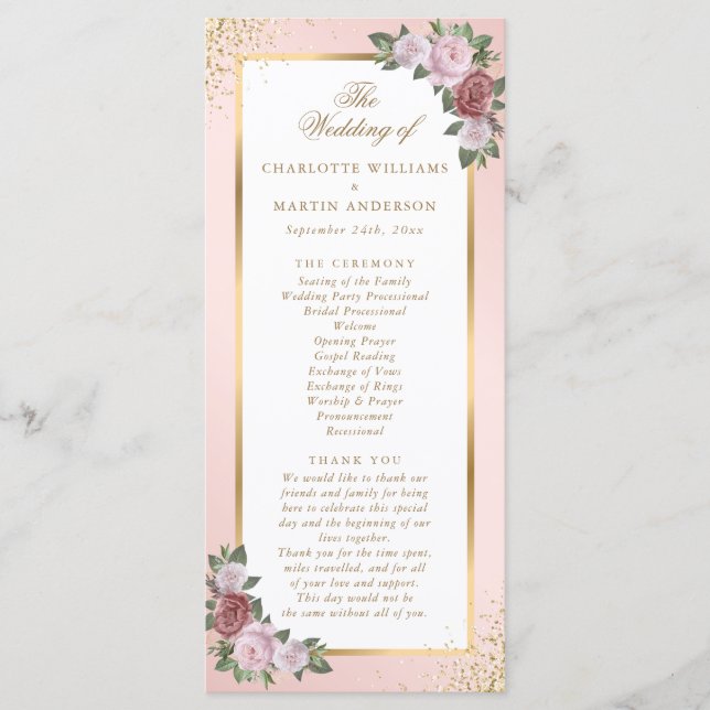 Blush Pink Gold Floral Wedding Program (Front)