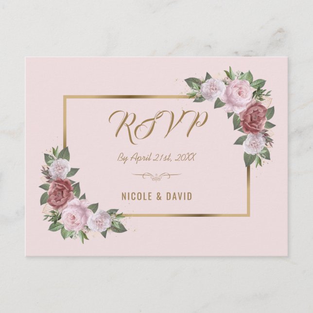 Blush Pink Gold Floral Wedding RSVP Postcard (Front)