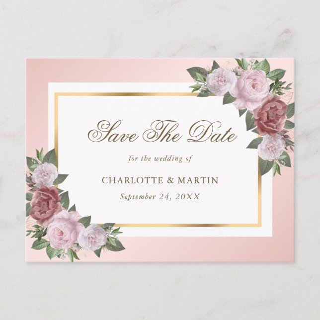 Blush Pink Gold Floral Wedding Save The Date Announcement Postcard (Front)