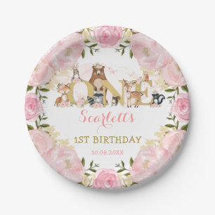 Blush Pink Gold Floral Woodland 1st Birthday Party Paper Plate
