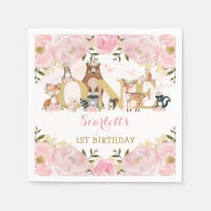 Blush Pink Gold Flower Woodland 1st Birthday Party Napkin