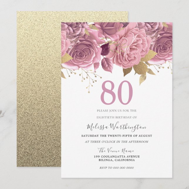 Blush Pink Gold Flowers 80th Birthday Party Invitation (Front/Back)