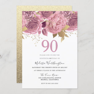 Blush Pink Gold Flowers 90th Birthday Party Invitation