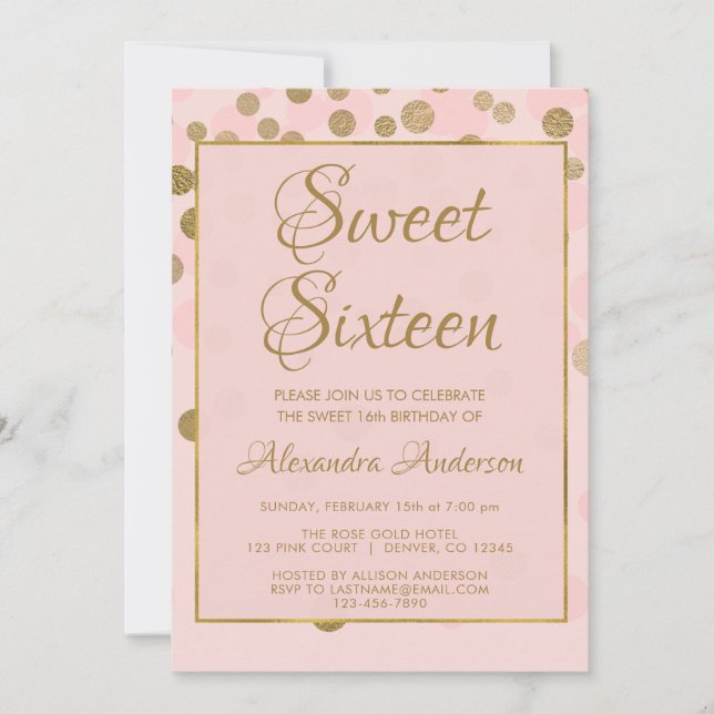 Blush Pink & Gold Foil Confetti Sweet 16 Birthday Invitation (Front)