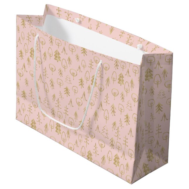 Blush Pink Gold Foil Trees Patterned  Large Gift Bag (Front Angled)