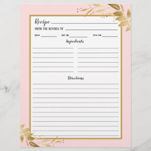 Blush Pink Gold Foliage Recipe Binder Page
