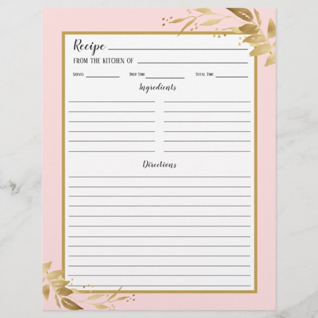 Blush Pink Gold Foliage Recipe Binder Page (Front)