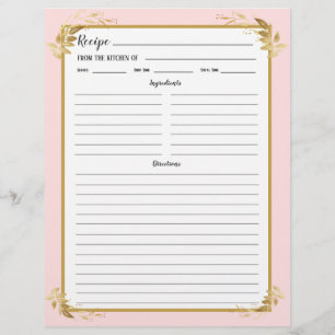 Blush Pink Gold Foliage Recipe Binder Page