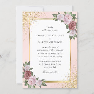 Blush Pink Gold Frame Confetti Floral Wedding Invitation