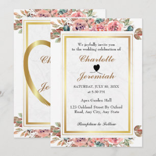 Blush Pink Gold Frame Floral Greenery Wedding Invitation