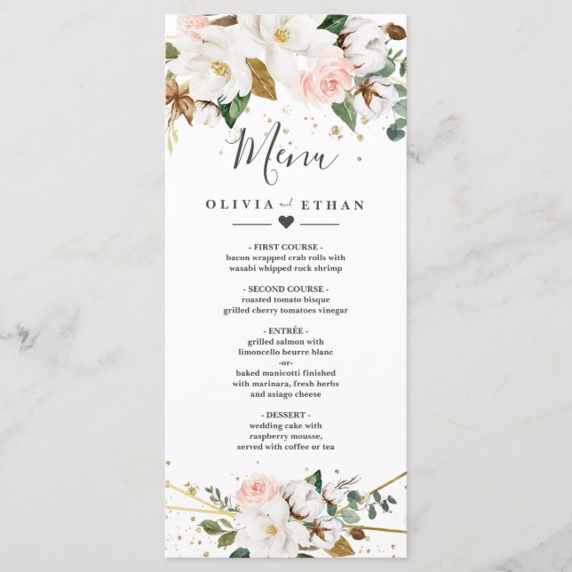 Blush Pink Gold Geometric and White Magnolia Flora Menu (Front)