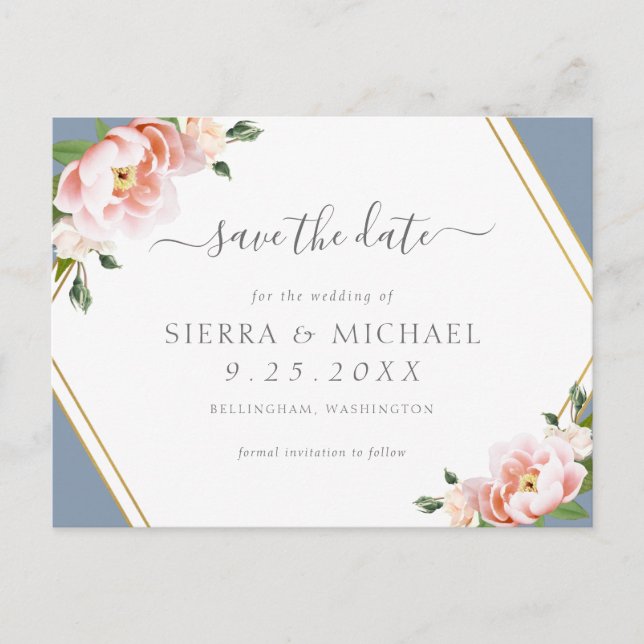 Blush Pink Gold Geometric Dusty Blue Save the Date Announcement Postcard (Front)