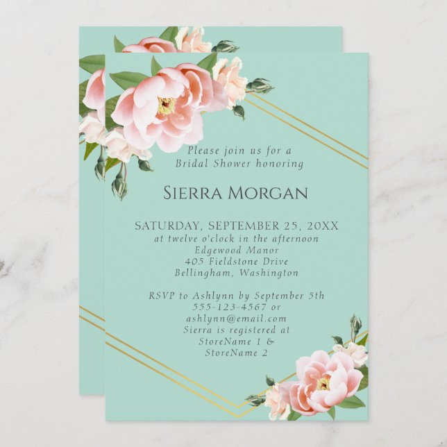 Blush Pink Gold Geometric Mint Green Bridal Shower Invitation (Front/Back)