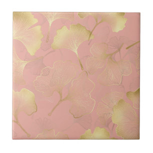 Blush Pink Gold Ginkgo Leaves Elegant Botanical 3 Ceramic Tile
