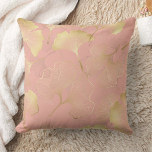 Blush Pink Gold Ginkgo Leaves Elegant Botanical 3 Cushion