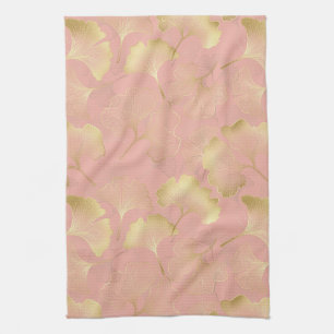 Blush Pink Gold Ginkgo Leaves Elegant Botanical 3 Tea Towel