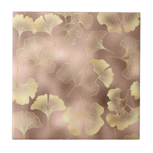 Blush Pink Gold Ginkgo Leaves Elegant Botanical 6 Ceramic Tile