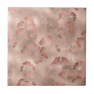 Blush Pink Gold Ginkgo Leaves Elegant Botanical Ceramic Tile
