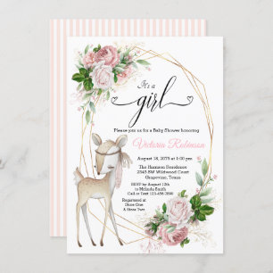 Blush Pink Gold Girl Deer Baby Shower Invitation