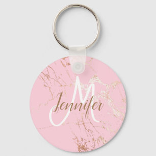 Blush Pink Gold girly Script Monogram Key Ring