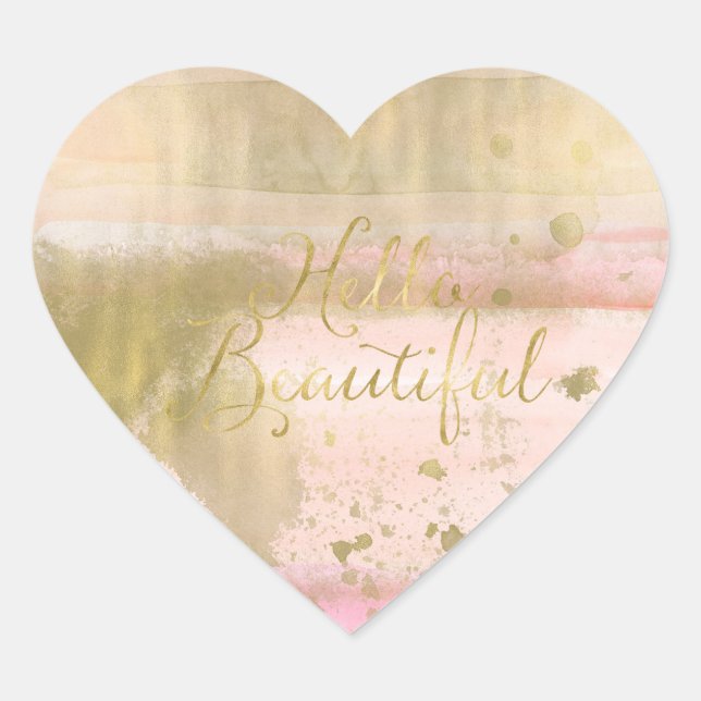 Blush Pink Gold Glam Watercolor Hello Beautiful Heart Sticker (Front)