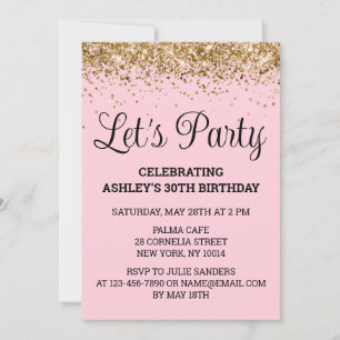 Blush Pink Gold Glitter 30th Birthday Let's Party Invitation