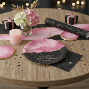 Blush Pink Gold Glitter Abstract Watercolor Marble Paper Plate