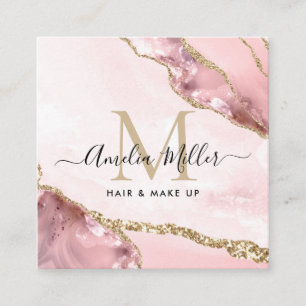 Blush Pink Gold Glitter Agate Hair Makeup Monogram Square Business Card