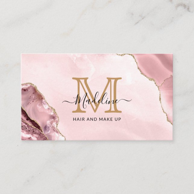Blush Pink Gold Glitter Agate Marble Monogram Business Card (Front)