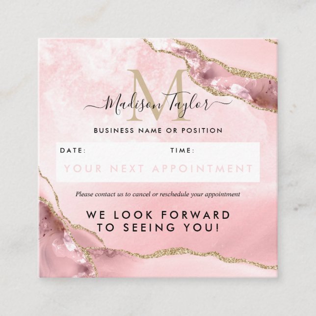 Blush Pink Gold Glitter Agate Marble Monogram Cute Appointment Card (Front)