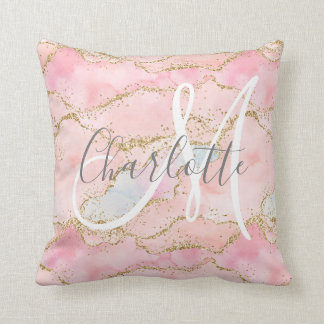 Blush pink gold glitter agate monogram cushion
