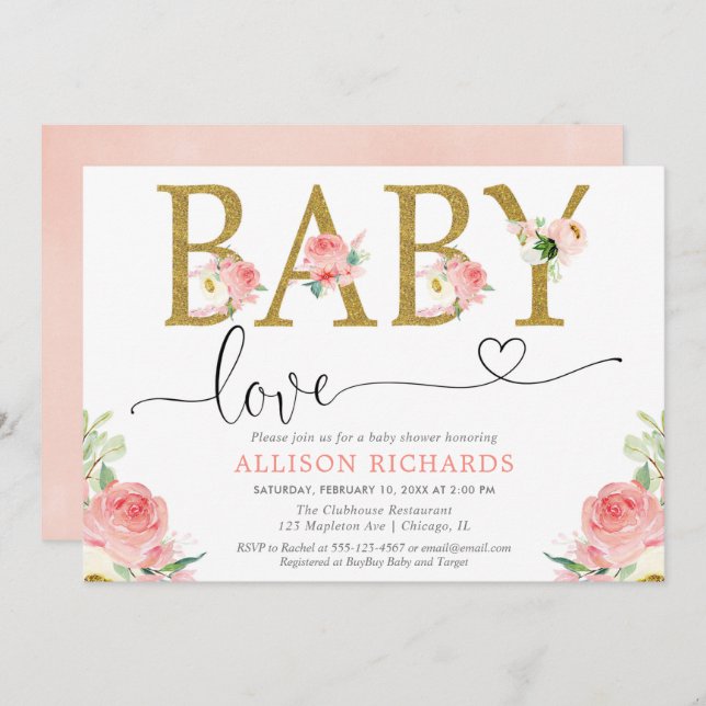 Blush pink gold glitter Baby Love girl shower Invitation (Front/Back)